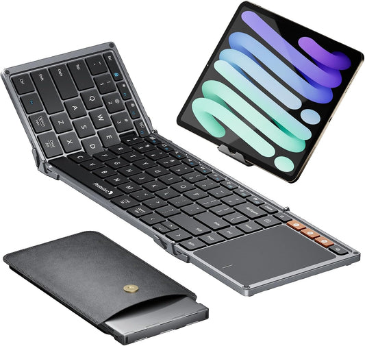 ProtoArc Foldable Keyboard with Touchpad, XK01 TP Folding Portable Keyboard, Full Size Keys, Large Trackpad Bluetooth Travel Keyboards for iPad Laptop PC Tablets - Black Gray
