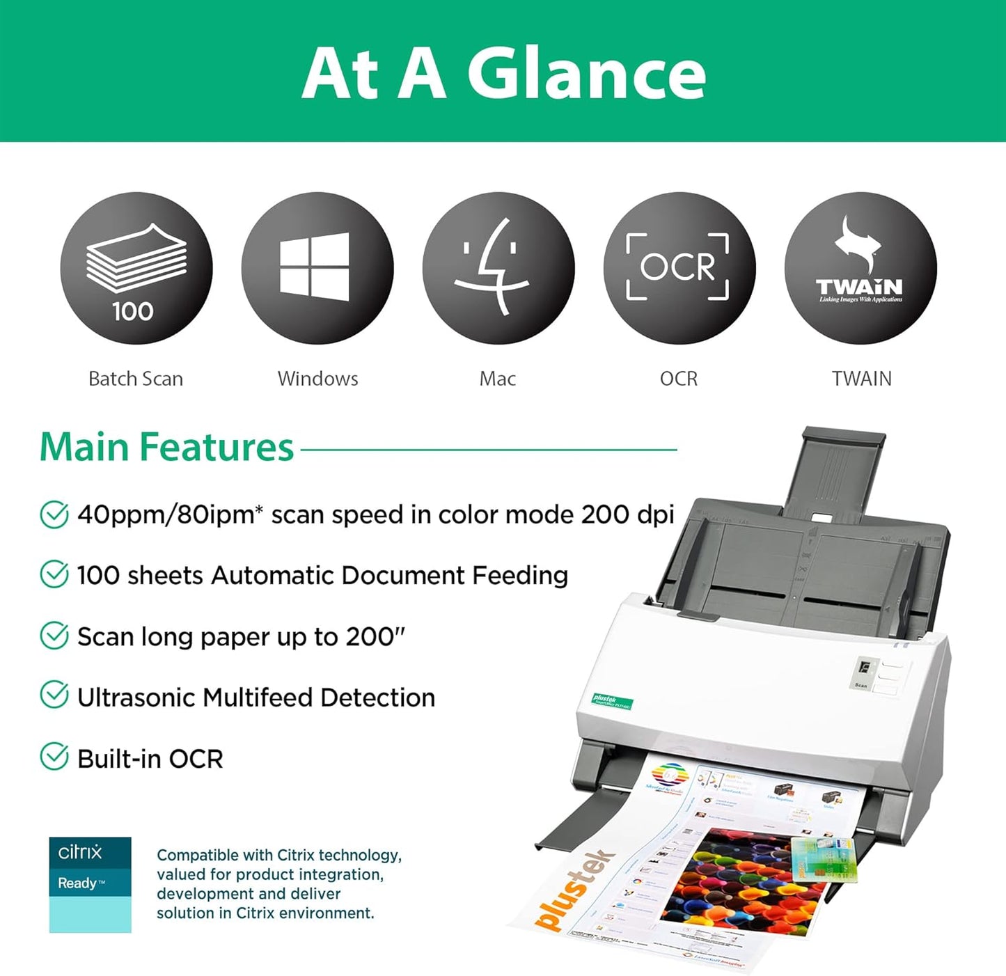 Plustek PS3140U Duplex Document Scanner, Citrix Ready & Twain Support for PC and Mac, Scan and Save Batch Documents