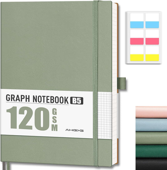 AHGXG Graph Paper Notebook - Grid Notebook Journal, 120 GSM Thick Graph Paper, Large B5 Notebook 96 Pages, Leather Softcover, for Graphing, Writing, Math, Engineering, 7.6'' X 10'' - Sage Green