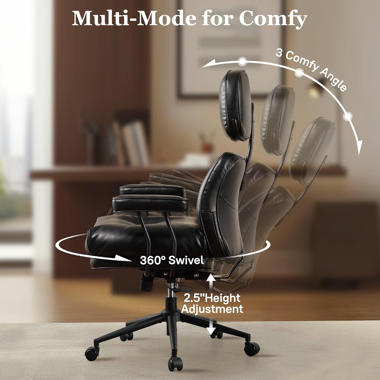 Mid Century Modren Big and Tall Office Chair,Large Ergonomic Executive Chair for Heavy Duty People, Computer Desk Task Chair with Wheels, Faux Lether Fabric Wide Chair for Home Sturdy,Black