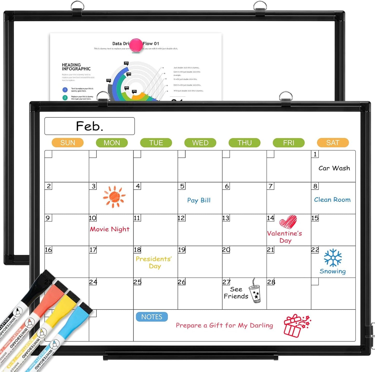 Dry Erase Calendar Whiteboard for Wall, 24" x 18" Magnetic Monthly White Board Calendar with Black Aluminum Frame, Double-Sided Hanging Dry Erase Board for Office, Home, School