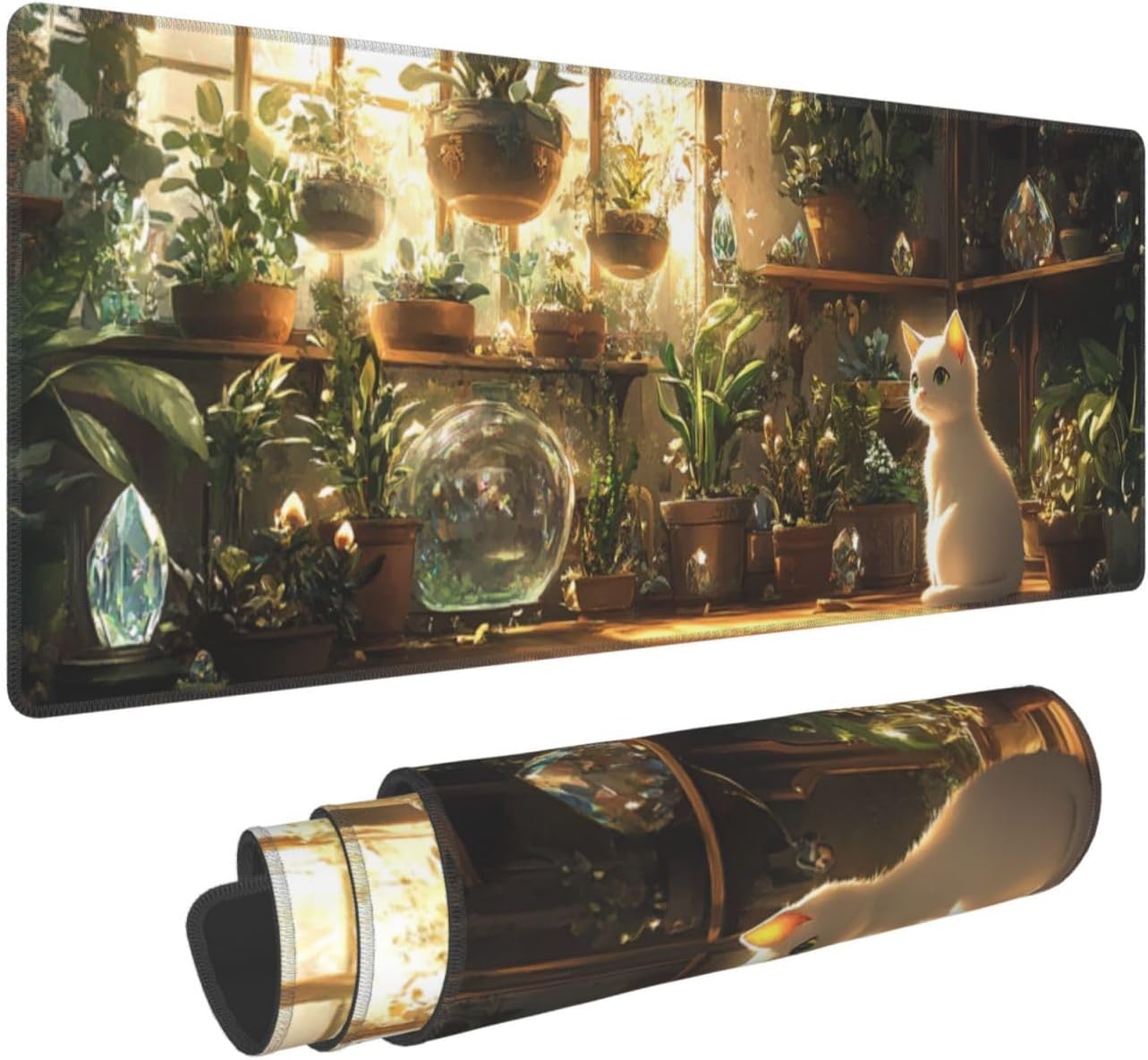 Cat Plant Mouse Pad 31.5 X 11.8 Inch Big Desk Rubber Base Stitched Edges Keyboard Pad XXL Mouse Mat for Home Game and Office