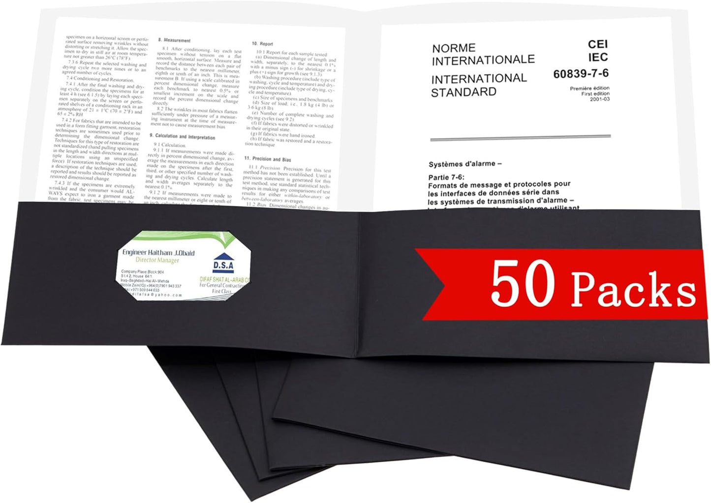 Zzrywuty 50 Packs Two Pocket File Folders with Business Card Slot,Textured Paper,Letter Size,Holds 100 Sheets for School,Office,Business,Black