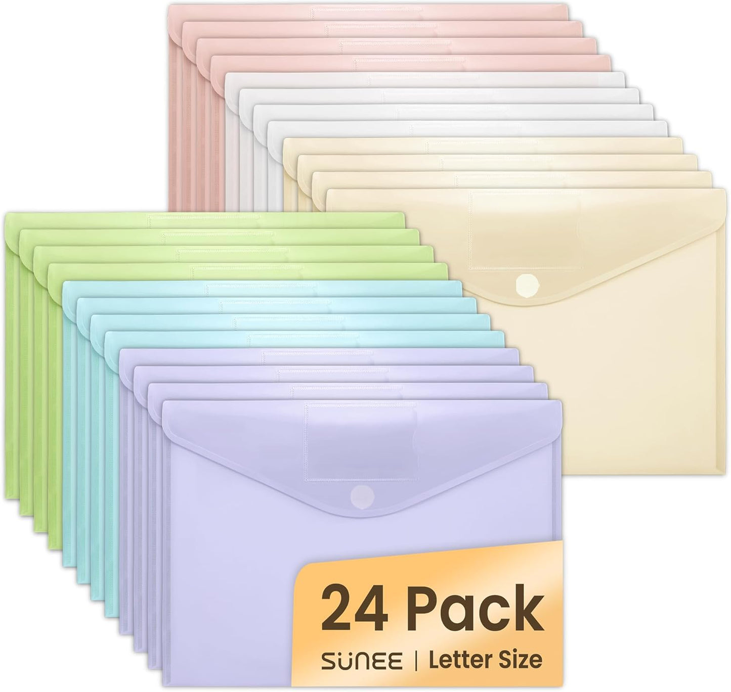 SUNEE 24 Pack Plastic Envelopes, Folders for Document for A4 Letter Size, Poly File Folders with Label Pockets for School Home Office Organizer Work Supplies, 6 Colors