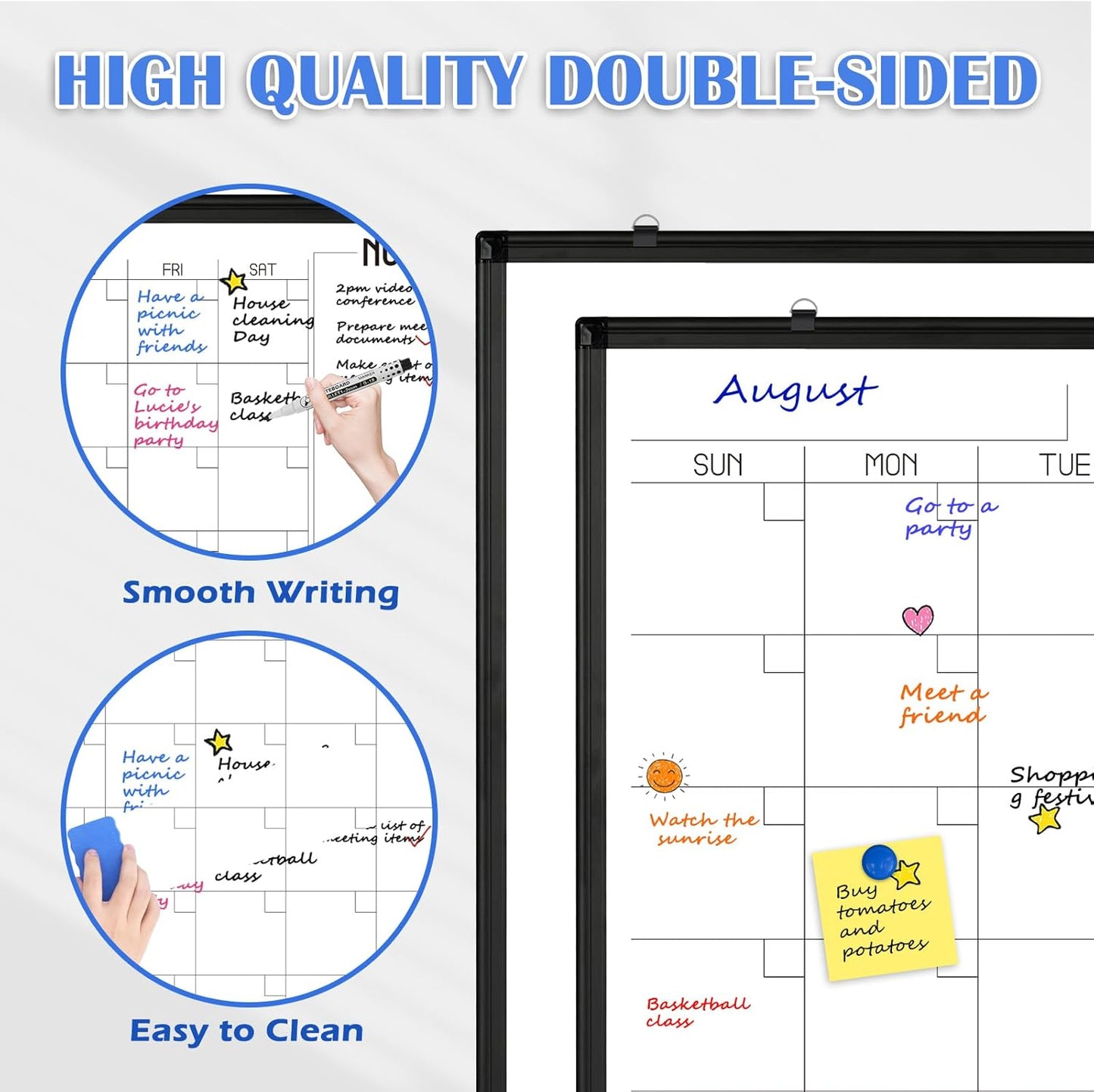 WALGLASS Dry Erase Calendar Whiteboard, 48" x 36" Monthly Large Dry Erase Calendar for Wall, Double-Sided Hanging White Board with Black Aluminum Frame for Home, School, Office, Kitchen