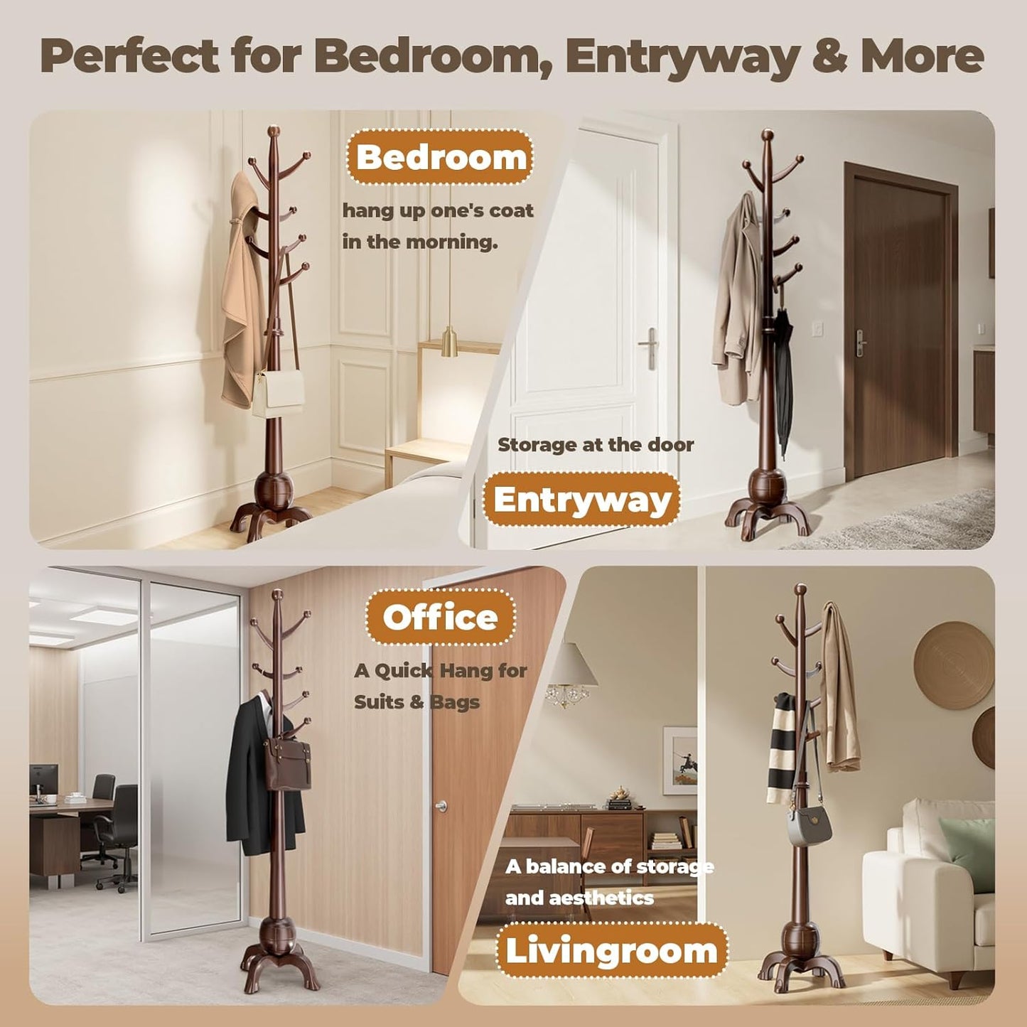 Wood Coat Rack Freestanding, Solid Wooden Hall Tree with 8 Hooks, Coat Tree Freestanding Heavy Duty with Stable Base, Entryway Hallway Bedroom Office Use, 240lbs Load Capacity H:71.6in (Natural)