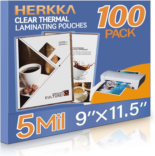 HERKKA 100 Pack Laminating Sheets, Holds 8.5 x 11 Inch Sheets, 5Mil Clear Thermal Laminating Pouches 9 x 11.5 Inch Lamination Sheet Paper for Laminator, Round Corner Letter Size