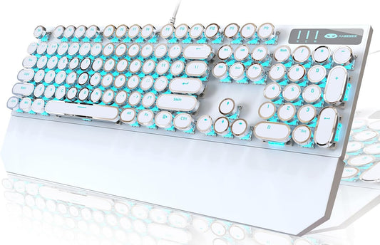 Camiysn Typewriter Style Mechanical Gaming Keyboard, White Retro Punk Gaming Keyboard with Blue Backlit, 104 Keys Blue Switch Wired Cute Keyboards, Round Keycaps for Windows/Mac/PC