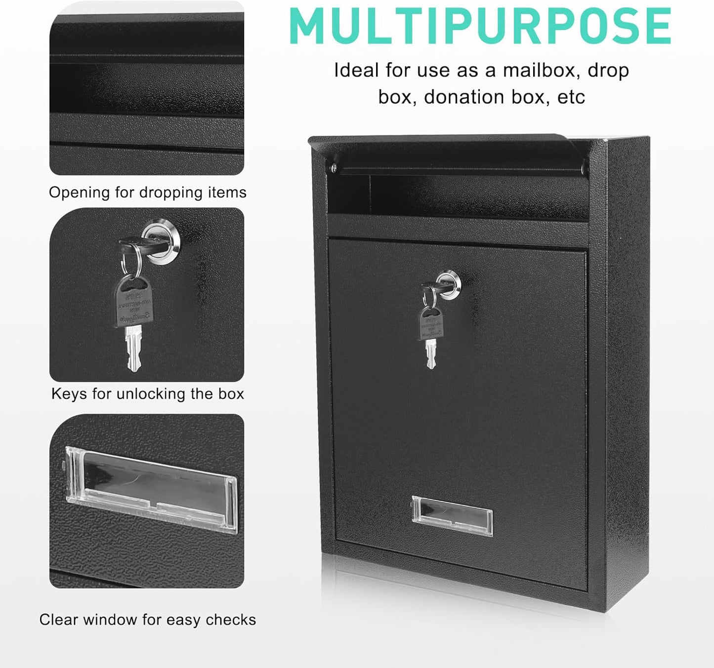 Locking Steel Mailbox, Wall Mounted - Post Office Box, Extra Large Space Secure, Comes with 2 Keys 3 Sets 0-9 Numbers - Dimensions 10.3" L x 3.35" W x 13.8" H, Black