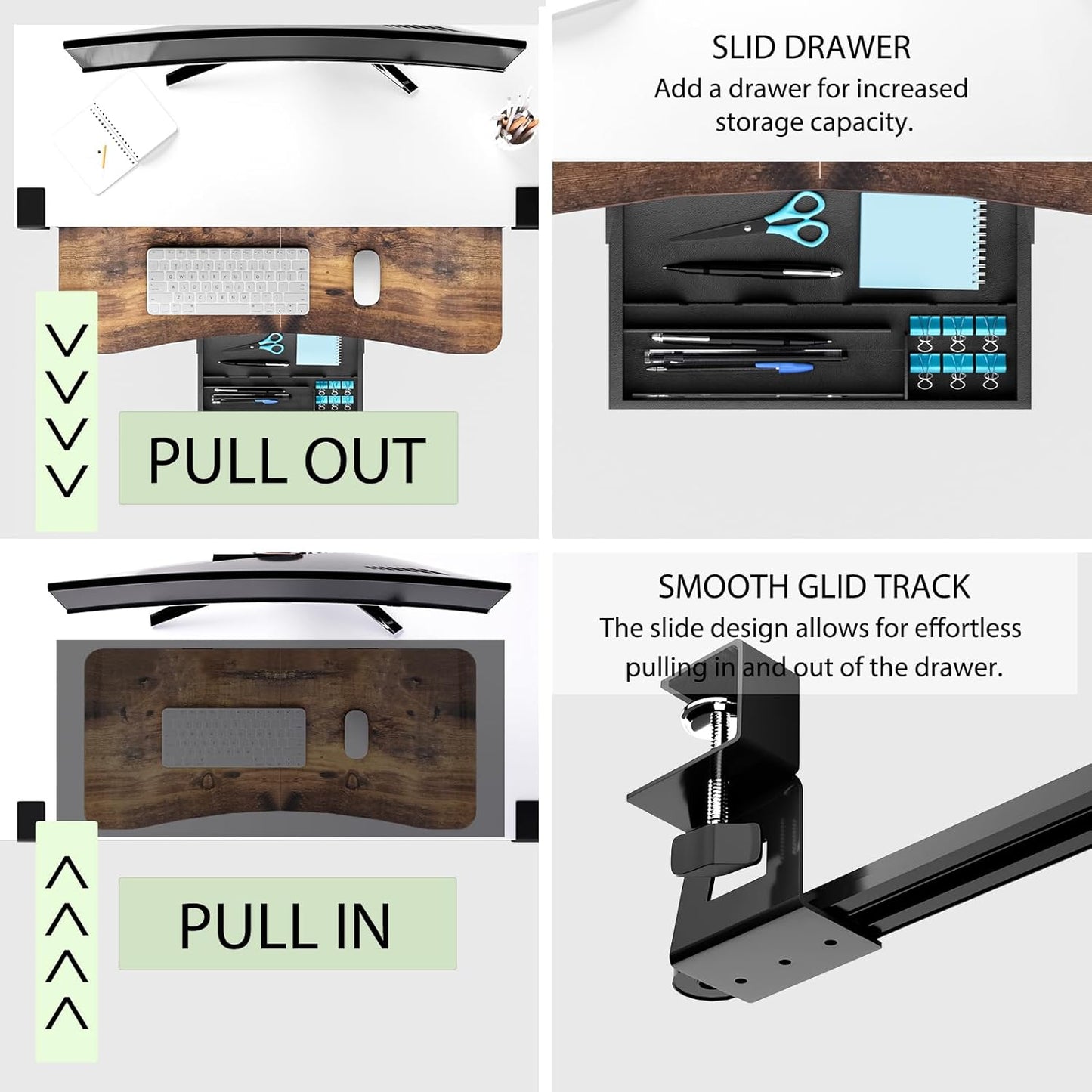 Desktop Keyboard Tray, Under Desk Pull Out,25.59" X 11.81" Large Size Radian Keyboard Tray with C-Clip Mount, Easy Installation, Computer Keyboard Stand, for Home Study and Office(Wood)