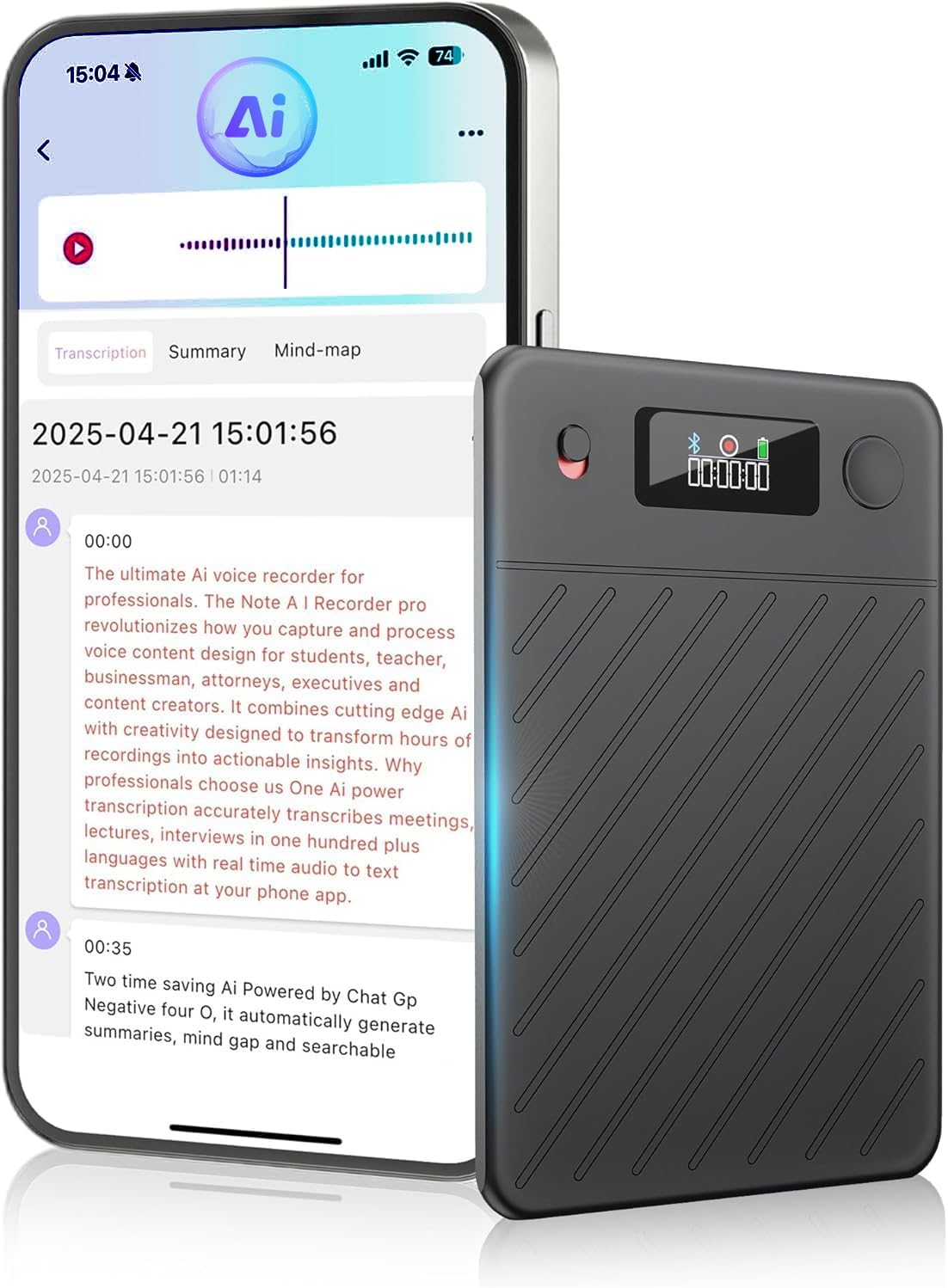 AI Voice Recorder,64GB Note Voice Recorder with Real-Time Transcribe & Summarize & Translation Powered by ChatGPT, Digital Recorder Translator Device with App Control for Lectures, Meetings, Calls