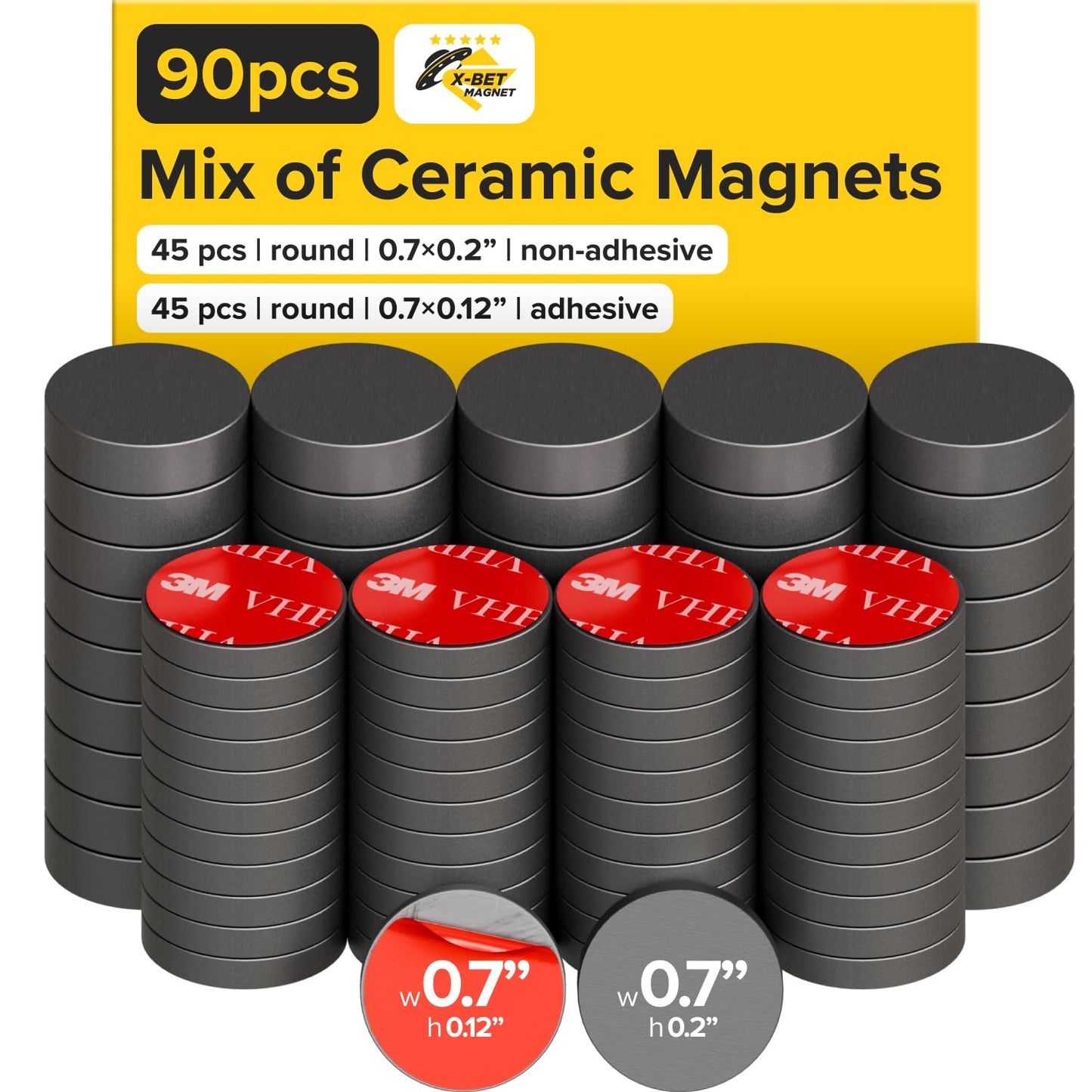 Ferrite Magnet 90 Pack Include 45 of 0.7" x 0.2" Non-Adhesive and 45 of 0.7" x 0.12" VHB Adhesive
