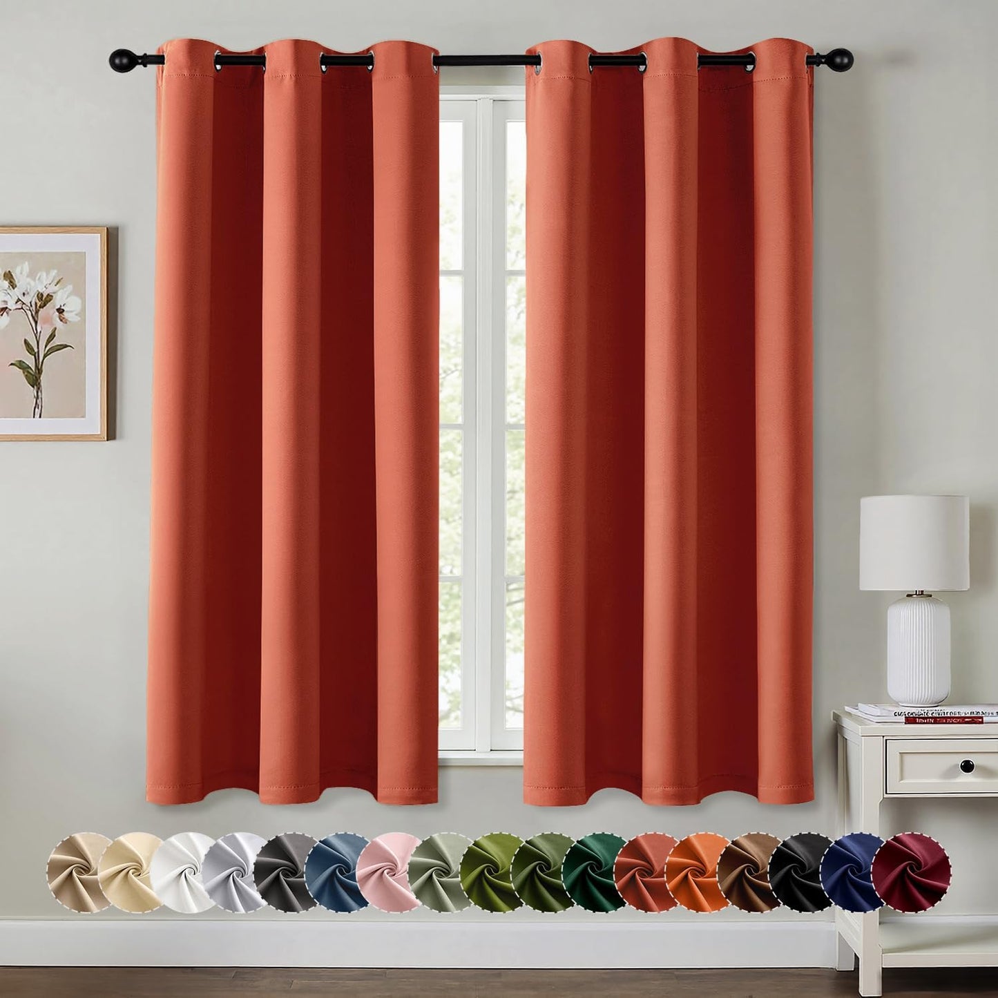 MIULEE Burnt Orange Blackout Curtains for Bedroom Living Room 63 Inches Long 2 Panels, Thermal Insulated Room Darkening Drapes Solid Grommet Top Noise Reduction Terracotta Rust Fall Window Treatments