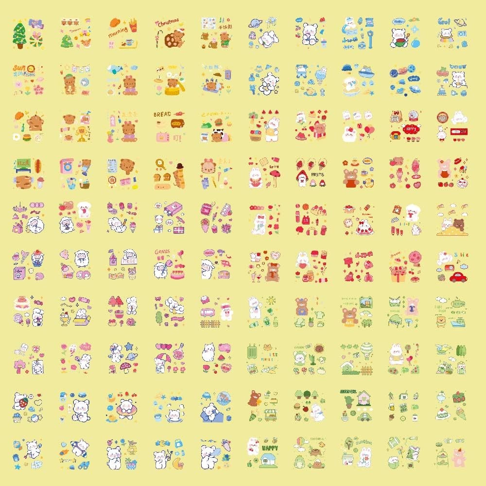Kawaii Cartoon Rabbit Bear Stickers - EAMOTOL 800 PCS/100 Sheets Transparent PVC Cute Animals Bunny Sticker Kit for Scrapbooking Supplies Planner Clipping Bullet Junk Journals DIY Crafts Letter Cards