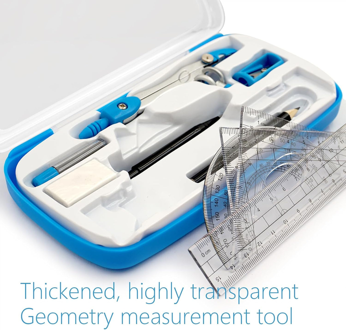 Drafting Compass Kit School Supply Set Featuring Geometry Compass, Protractor, Set Squares, and Ruler – for School Grade Boy snd Girl with Every Piece Compact in Carrying Case, Classic Blue