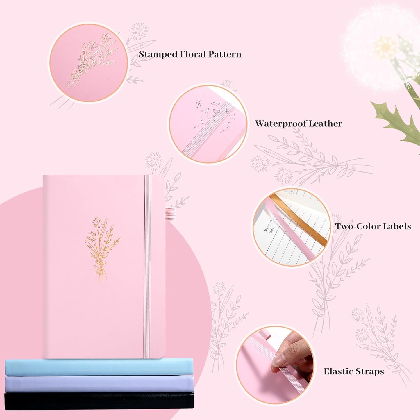 Lined Journal Notebook for Women Cute Leather Journals for Writing Aesthetic Floral Diary 192 Pages A5 Hardcover Journaling Notebooks with Pen Loop, 5.7 x 8.3 In, Pink