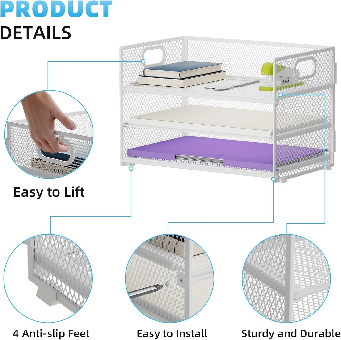 Marbrasse 3 Tier Paper Organizer Letter Tray, Mesh File Organizer with Handle, Paper Sorter Desk Organizer for Home Office Supplies(White)