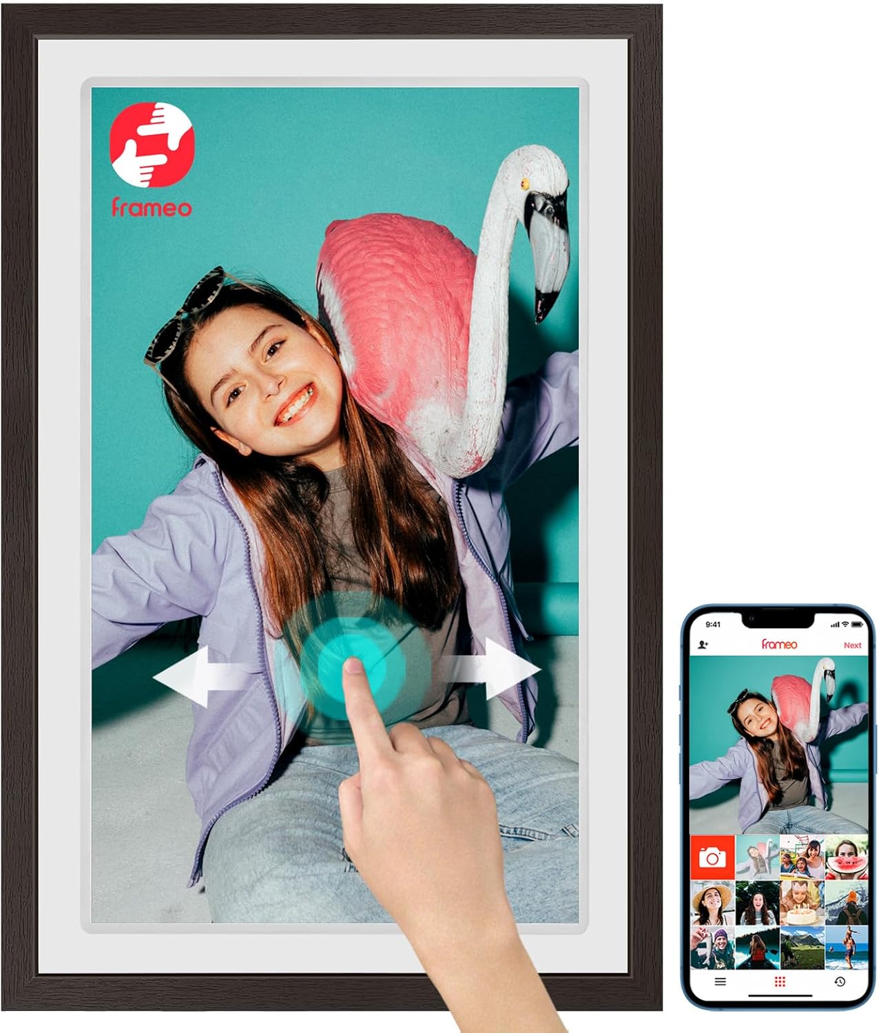 Touch Screen FRAMEO Digital Picture Frame 32GB Storage WiFi Smart 21.5 inch Photo Frame, FHD IPS Auto-Rotate, Attach Wall mounting Bracket Share Photos or Videos Instantly via Frameo APP