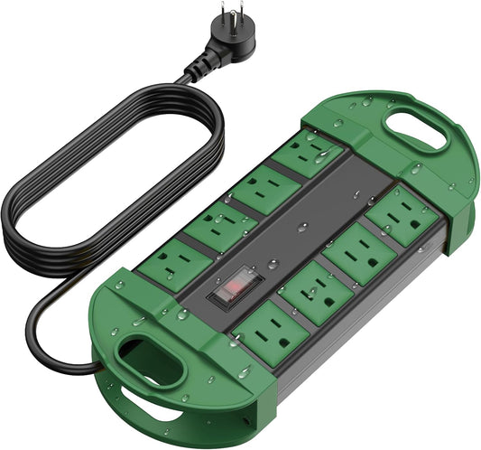 CCCEI Outdoor Power Strip Weatherproof with 8 Plug, Waterproof Extension Cord with Multiple Outlets, Christmas Exterior Garden Yard Surge Protector 10FT, Green.
