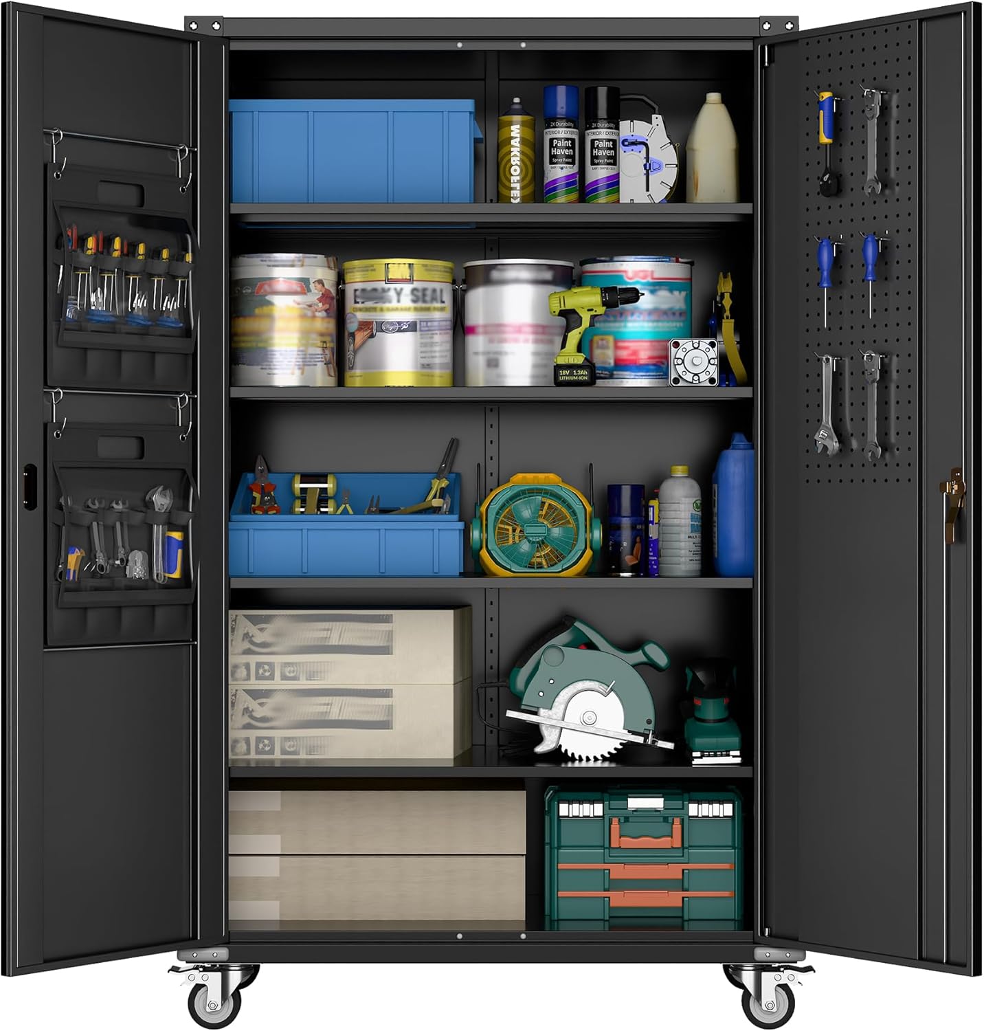 Aobabo Upgraded Wide & Deep Garage Storage Cabinet with Wheels, Metal Storage Cabinet with Door Pegboards and 2 Rod for Garage Home Storage (Black, 43.3''W x 21.9''D x 72''H),Required Assembly