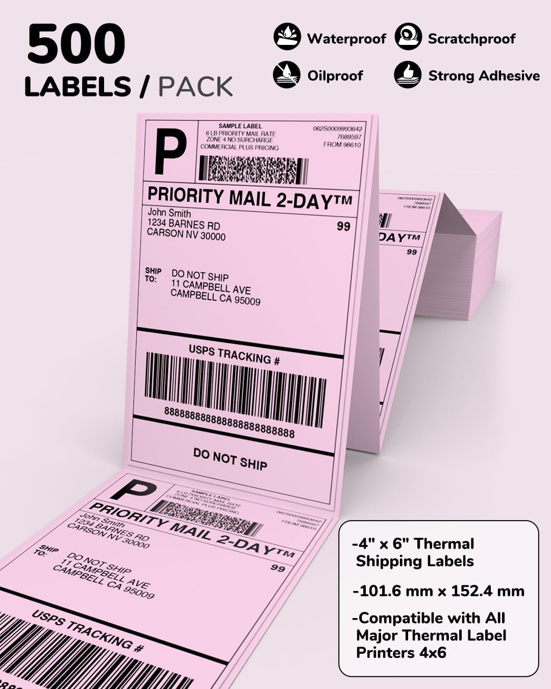 Pink Thermal Labels 4x6 for Shipping Label Printers - 500 PCS Pink Shipping Labels Compatible with Thermal Printers 4x6, Water/Oilproof Label Paper, Use for Logistics Business