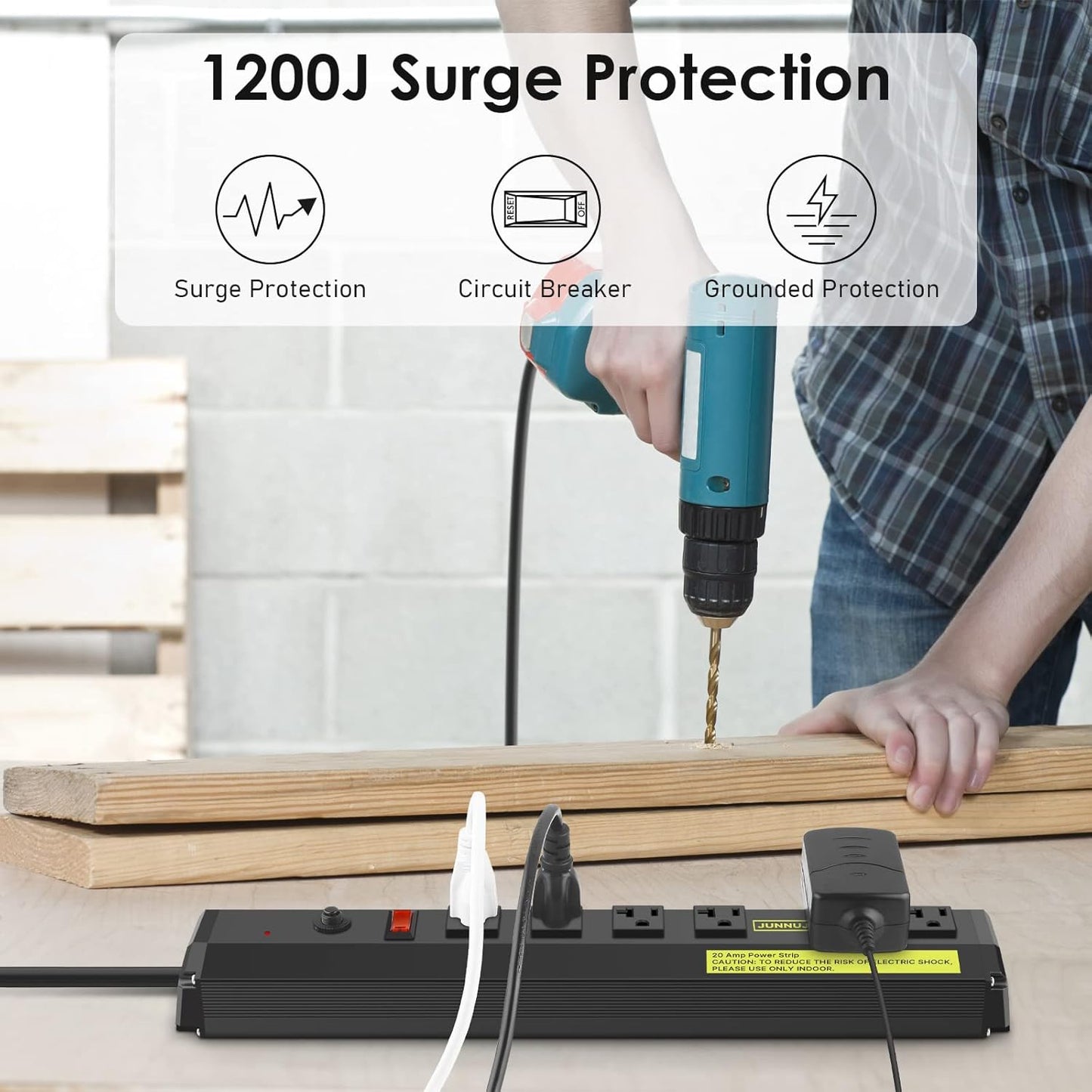 JUNNUJ Heavy Duty 20 Amp Power Strip 2 Pack, High Amp Surge Protector 6 Outlet, 20A Power Workshop Industrial Outlets Wide Spaced 6-20R T-Slot with Circuit Breaker,12 Gauge Extension Cord 6ft