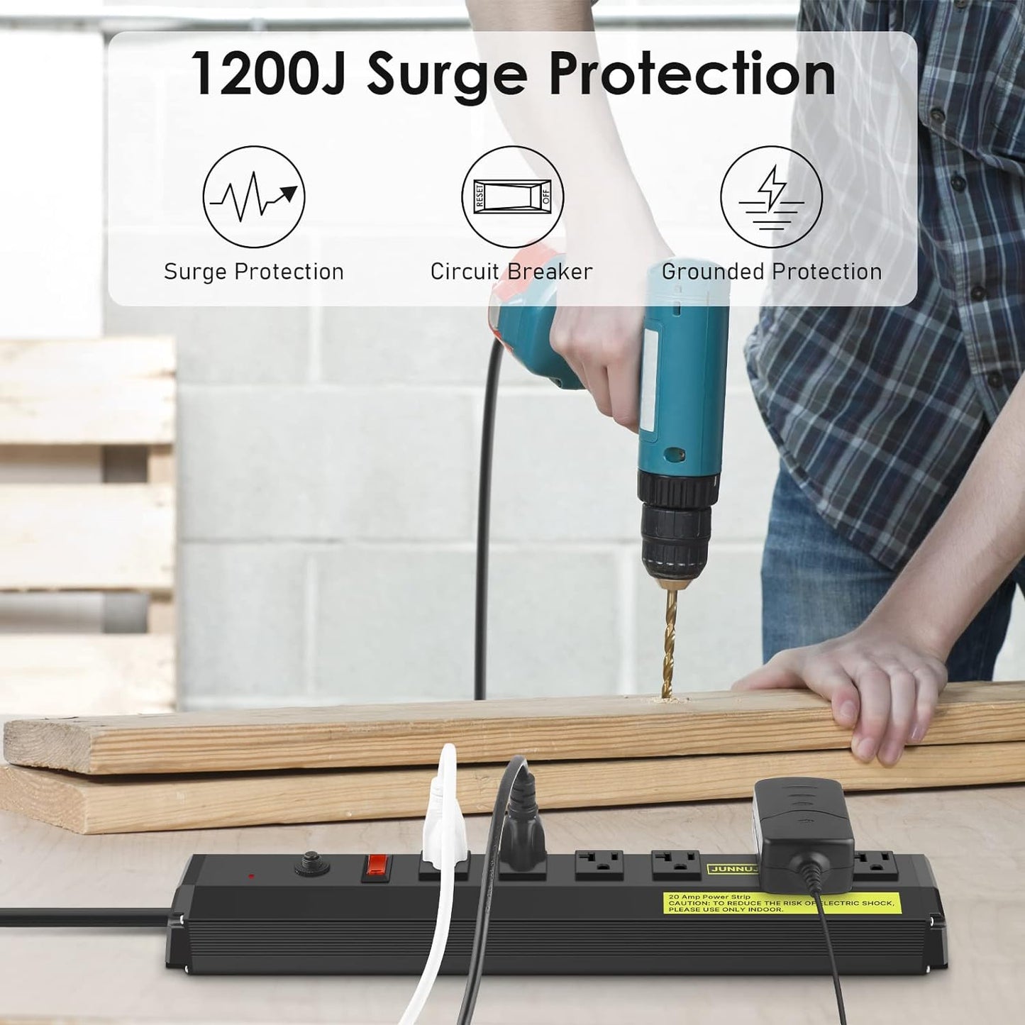JUNNUJ Heavy Duty 20 Amp Power Strip 4800J, High Amp Surge Protector 6 Outlet, 20A Power Strips Workshop Industrial Outlets Wide Spaced 6-20R T-Slot with Circuit Breaker, 12 Gauge Extension Cord 6ft