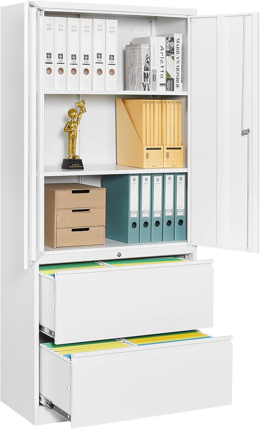 SISESOL 2 Drawer Lateral File Cabinet with Lock and Shelf,71" White Filing Storage Cabinet with Doors,Locking Metal Storage Cabinets with Drawers for Home,Office,Garage,School,Fit A4/Letter/Legal File