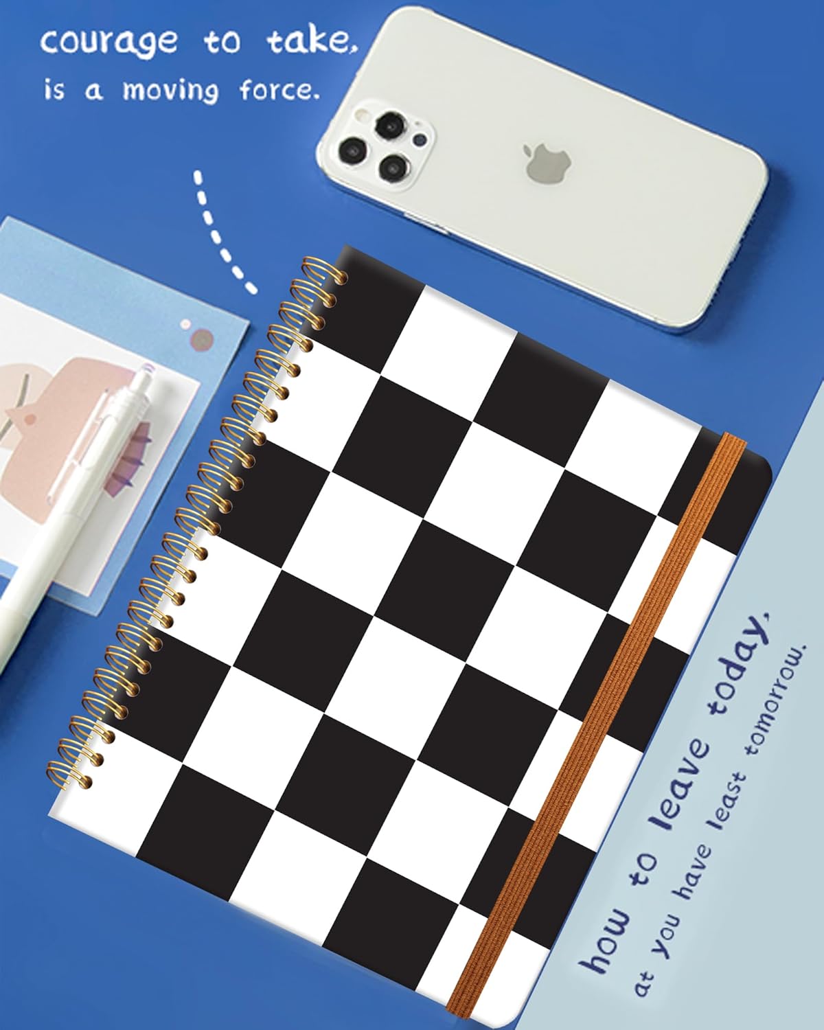 Ruled Spiral Writing Notebook,A5 Hardcover Lined College Journal for Women Lady,Fashion Puppy Watercolor Strong Twin-Wire Binding with Premium Paper,8.4" X 6",Perfect for School,Office,Home Gifts(Black White Checker)