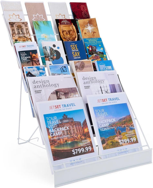 Displays2go Wire Magazine Rack with 6 Open Tiers, Holds Both Magazines and Brochures, Includes Sign Channel at the Front - White Wire