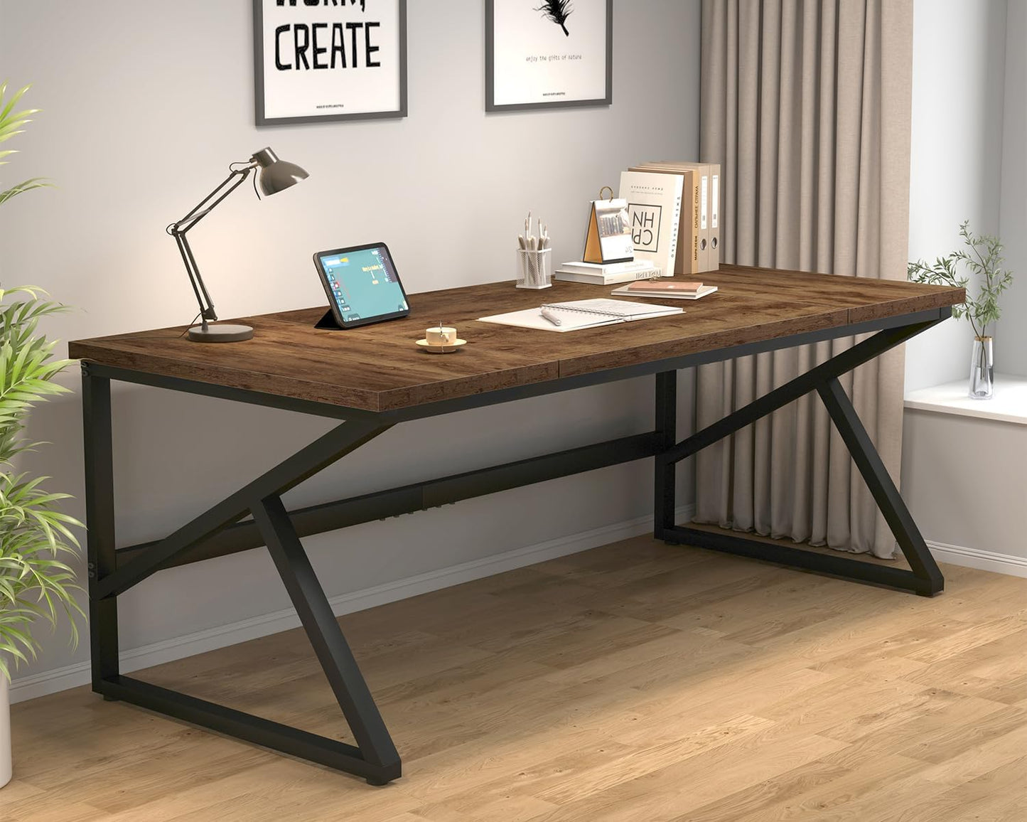 HSH Large Rustic Brown Computer Desk, 70 Inch Home Office Metal Wood Desk for 2 Person, Farmhouse Extra Long Writing Study Gaming Table, Bedroom Living Room PC Laptop Dual Monitor Desk