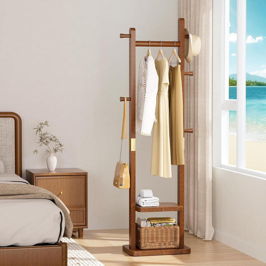 Solid Wood Coat Rack, Coat Rack Freestanding with 2 Shelves and 5 Hooks, Heavy Duty Coat Tree for Entryway，Living room，Coat Hanger Stand for Hats, Bags (Walnut Brown)