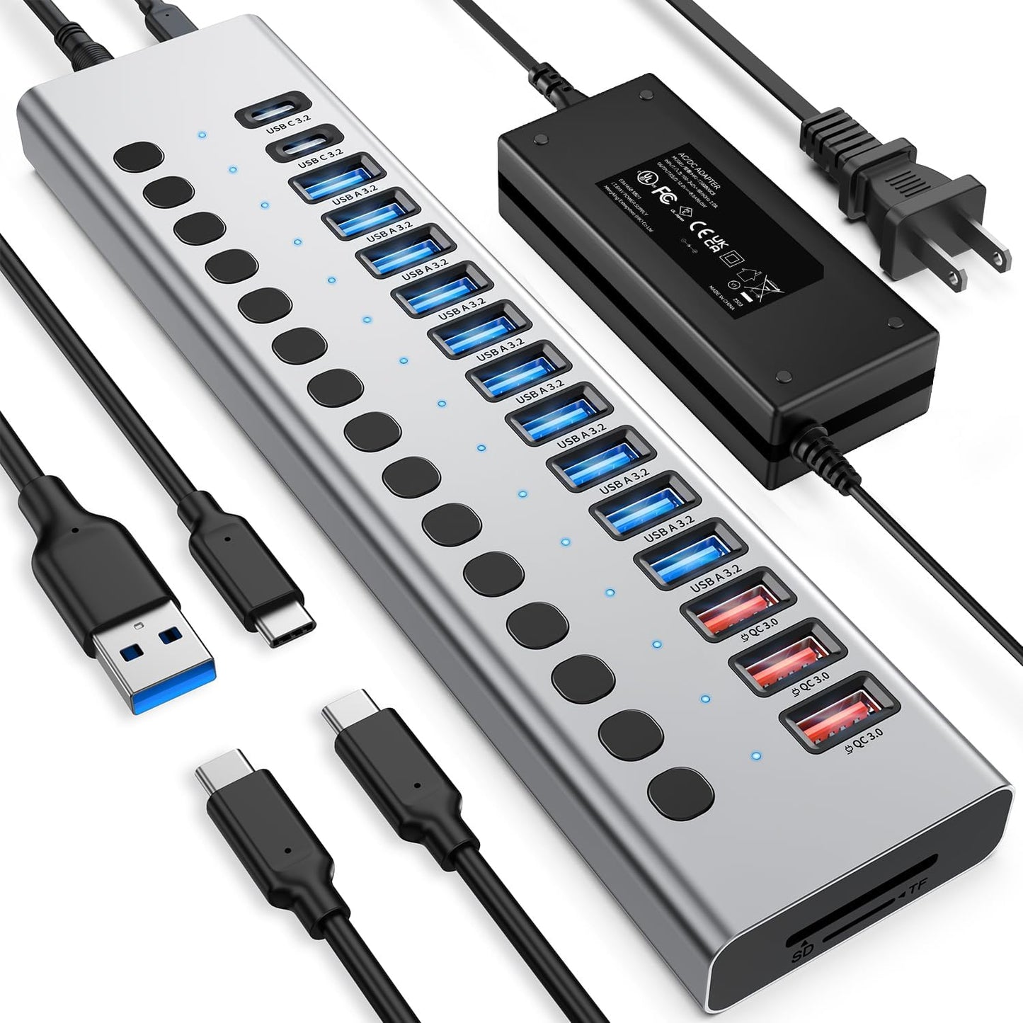 Powered USB Hub 10Gbps, 17 Ports 96W USB 3.2 Hub(10 USB-A 3.2 Ports+3 QC 24W Fast Charging Ports+2 USB-C 3.2 Ports+SD/TF Card Reader), 12V/8A Power Adapter for Laptop, PC, Computer, HDD,Flash Drive