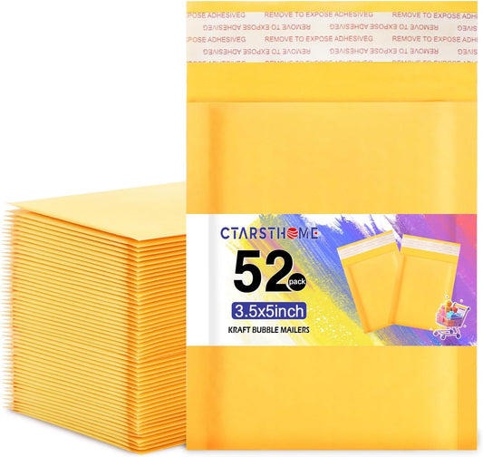 52Pack Yellow 3.5x5inch Kraft Bubble Mailers Small Business Mailing Packages Self-Sealing Paper Envelopes, Mailer Shipping Padded Envelopes with Strong Adhesion for Jewelry Makeup Supplies