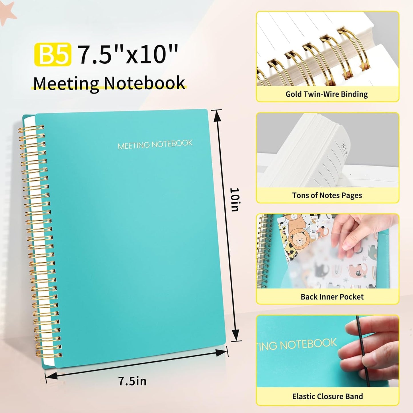 SUNEE Meeting Notebook for Work with Action Items - 160 Pages, B5 Size Project Planner, Spiral Meeting Agenda/Minutes Notebook Organizer for Women Men, Note Taking, Office & Business, 7.5"x10", Teal