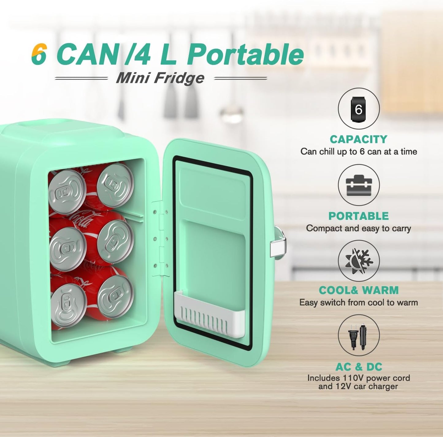 CROWNFUL Mini Fridge, 4 Liter/6 Can Portable Cooler and Warmer Personal Refrigerator for Skin Care, Cosmetics, Beverage, Food,Great for Bedroom, Office, Car, Dorm, ETL Listed (Green)