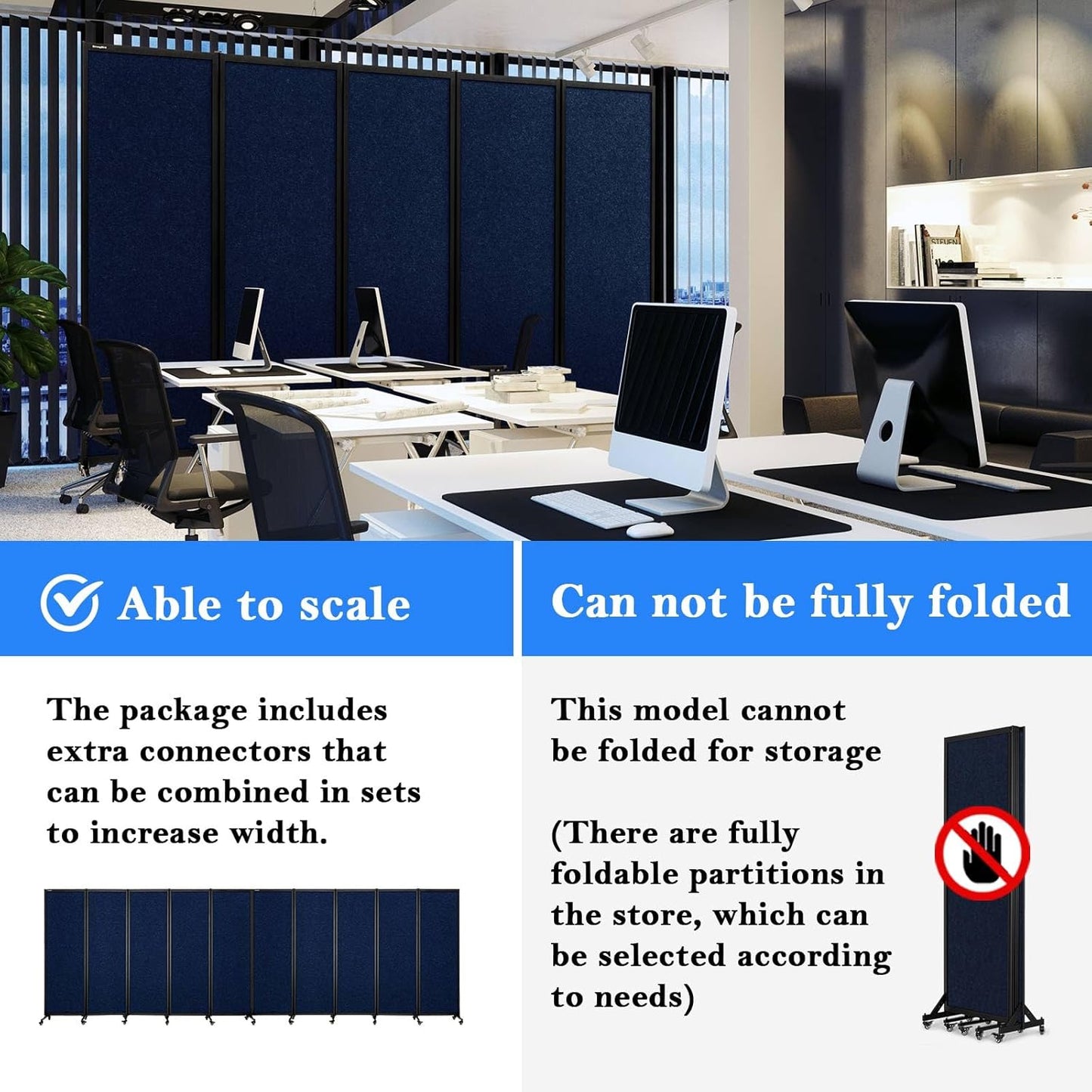 Upgrade Version Room Partition and Divider, Freestanding Rolling Dividers with Wheels,Office Privacy Screen Divider Wall,Classroom Felt Dividers,10'6"L* 6'7"H,5 Panel,Blue