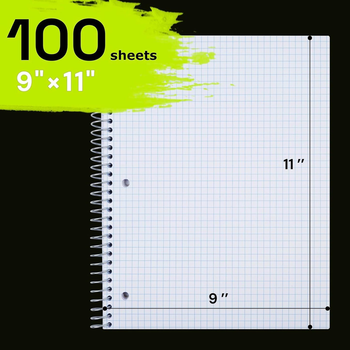 Spiral Notebook for School 3 Pack, 1 Subject, 4x4 Graph Ruled Paper, 100 Sheets, 9" x 11", 1 Divider with Pocket, 3 Hole Punched, Plastic Cover, 1/4" Grid Note Book Bulk, 3 Aesthetic Colors