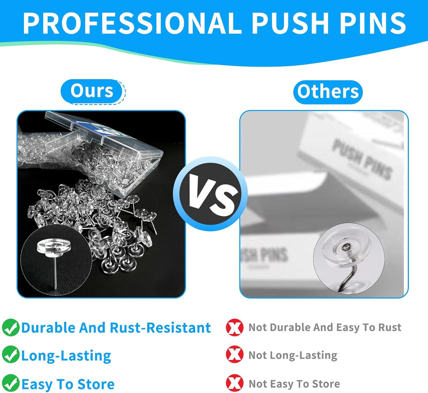 150 PCS Clear Push Pins Tacks Count in Reusable Box for Bulletin Boards and Wall Displays Heavy Duty Plastic Head