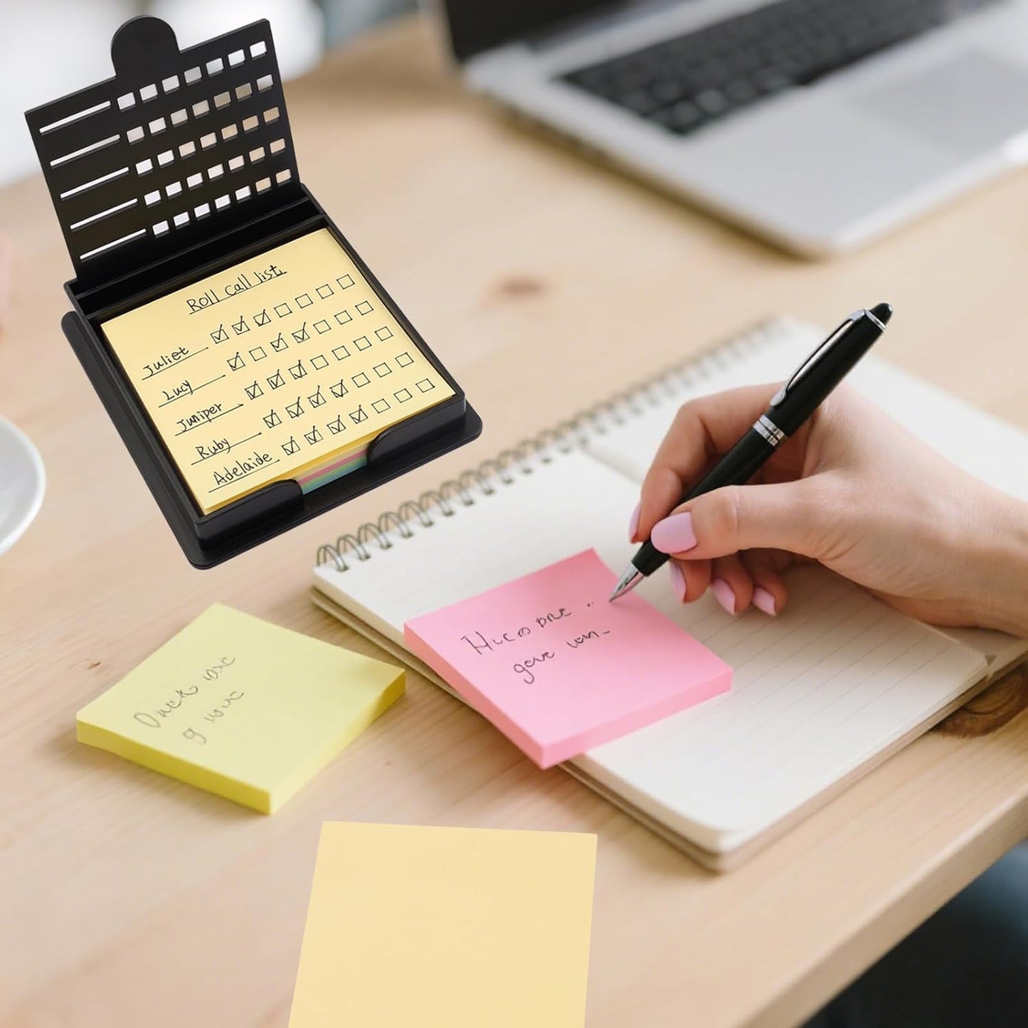 1PCS Sticky Note Holder with 5 Style Template & 1 Sticky Notes, 3.54X3.94 Sticky Note Stencil Dispenser for Post Note, Memo Pad Organizer with Five Line Box for Office and Home (Black)