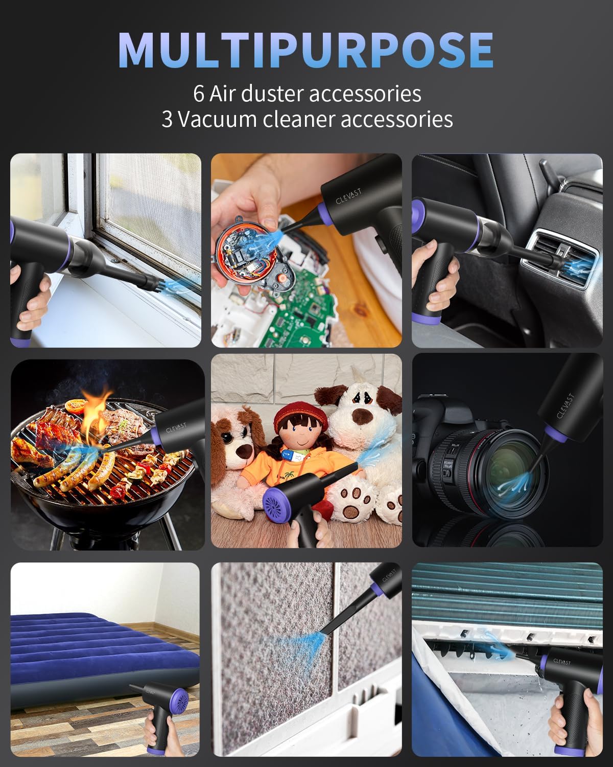 CLEVAST Compressed Air Duster - 3 Gear 110000RPM Electric Air Duster, 3 in 1 Versatile with LED - Cordless Dust Blower & Mini Vacuum & Inflating for PC, Computer, Keyboard, Rechargeable Canned Air