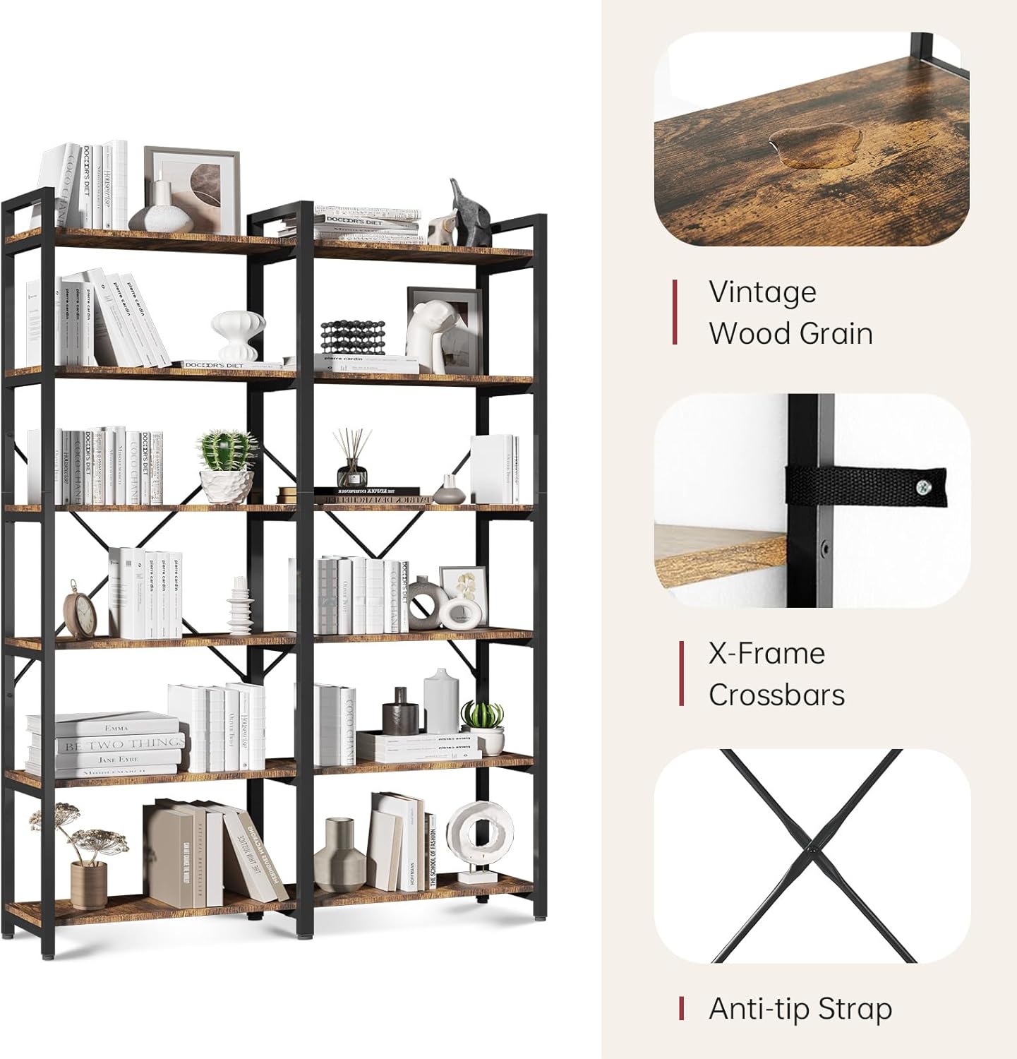 oneinmil Bookshelf 6 Tier, 71.5'' Industrial Wood Bookshelves, Book Shelf with 12 Open Display Shelves & Metal Frame, Tall Bookcase for Home and Office, Rustic Brown