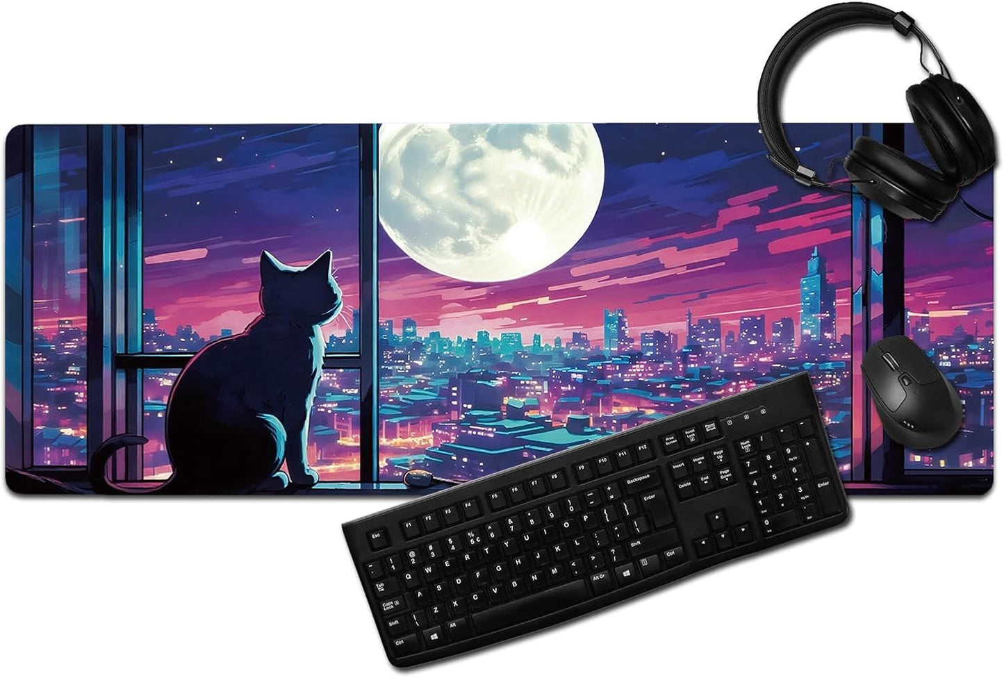 Cool Purple Moom Cat Mouse Pad, City Cats Busy Night Scene Mousead - Large Non-Slip Desk Mat for Office, PC, Laptop - 31.5"x11.8" x 3mm