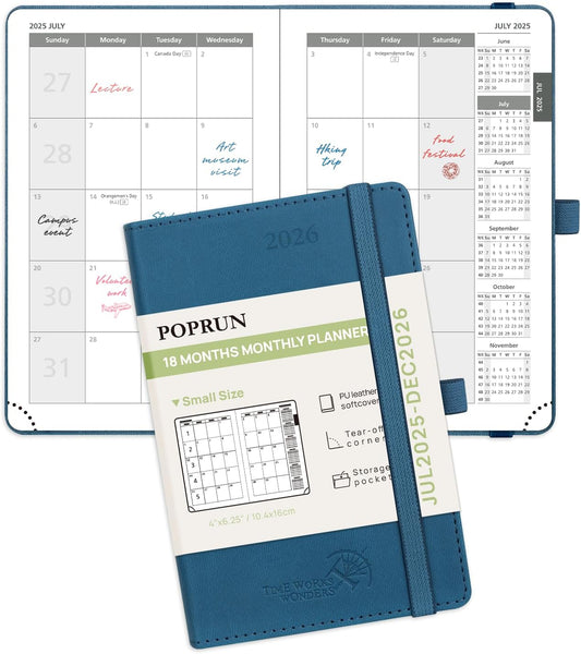 POPRUN Pocket Monthly Planner 2025-2026 (Pocket- 4''x 6.25''Soft Leather Cover) - 18 Month Calendar Book for Purse (Jul.2025-Dec.2026), 100 GSM Thick Paper - Night Sky Blue