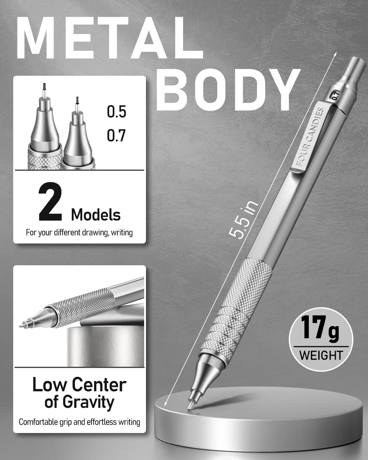 Four Candies 2PCS Metal Mechanical Pencils Set with Case, 0.5mm & 0.7 mm Artist Pencil with 6 Tubes (360PCS) HB Lead Refills, 3 Erasers,9 Eraser Refills For Writing Drafting, Drawing, Black&Silver