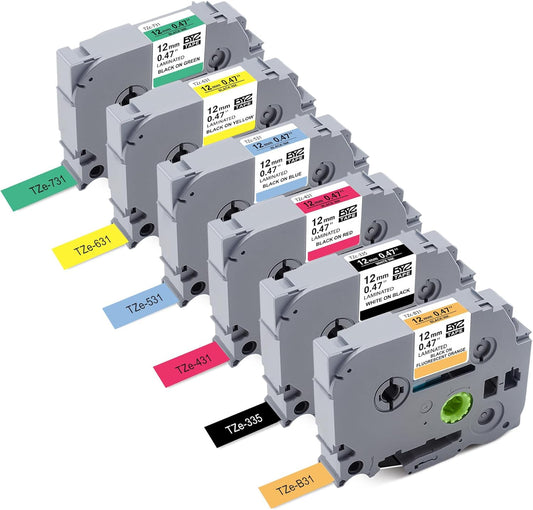 6Pk Replace for Brother Label Maker Tape Work with Brother P Touch Label Tape 12mm 0.47 Laminated Colored TZ 1/2" TZe-B31 TZe-335 TZe431-731 for PT-H103w H110 D210 D400 1180 1280 1890 2040,8m 26.2ft