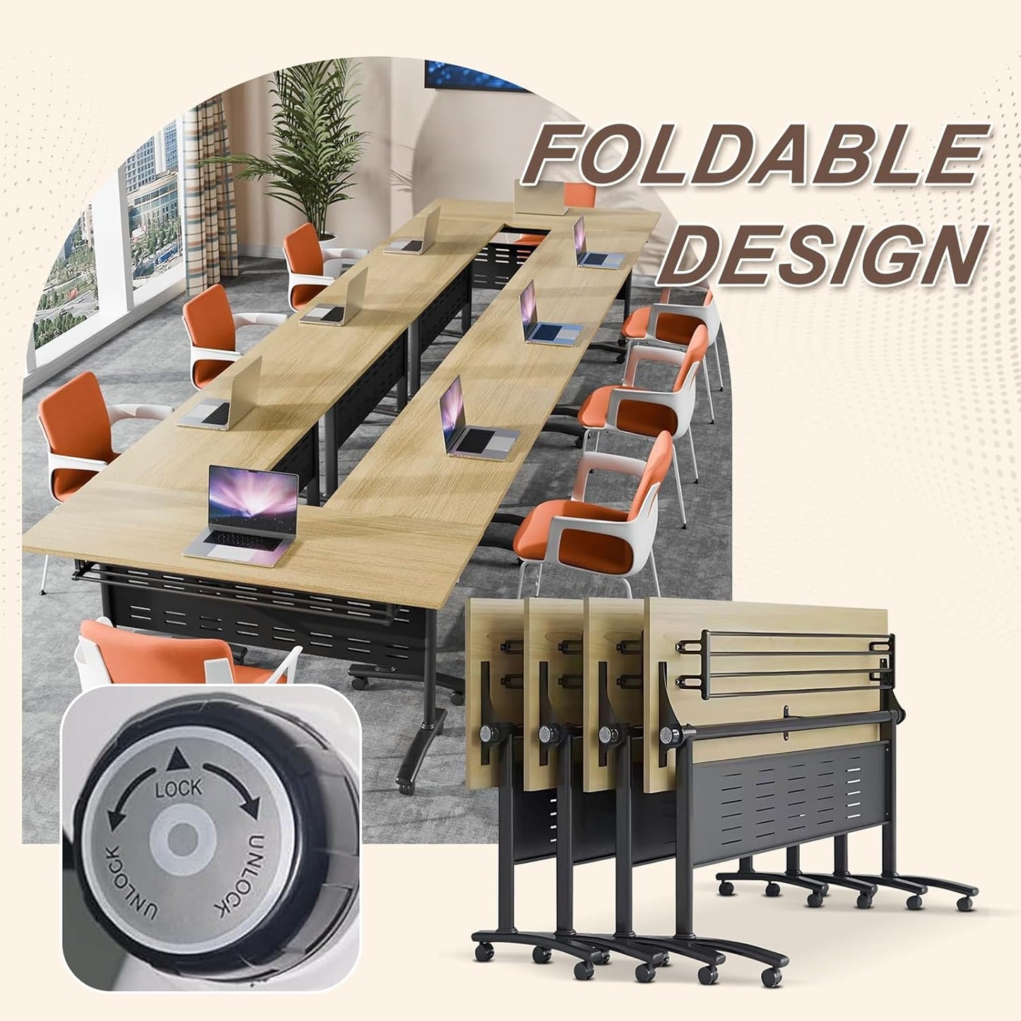 Folding Conference Room Table, Modern Conference Tables with Wheels, Large Rectangular Mobile Training Tables for Office Classroom, Foldable Modular Boardroom Seminar Table Maple (6pack L63in)