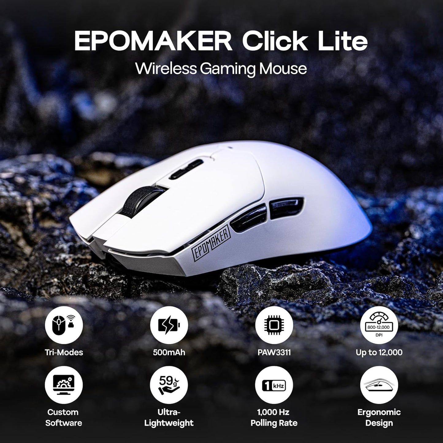 EPOMAKER Click Lite Wireless Gaming Mouse, 800 to 12,000 DPI Adjustable, PAW3311 Sensor, 500mAh, 59g, 2.4G/BT/USB-C Rechargeable Wireless Mouse with 5 Programmable Buttons for PC/Mac/Linux (White)