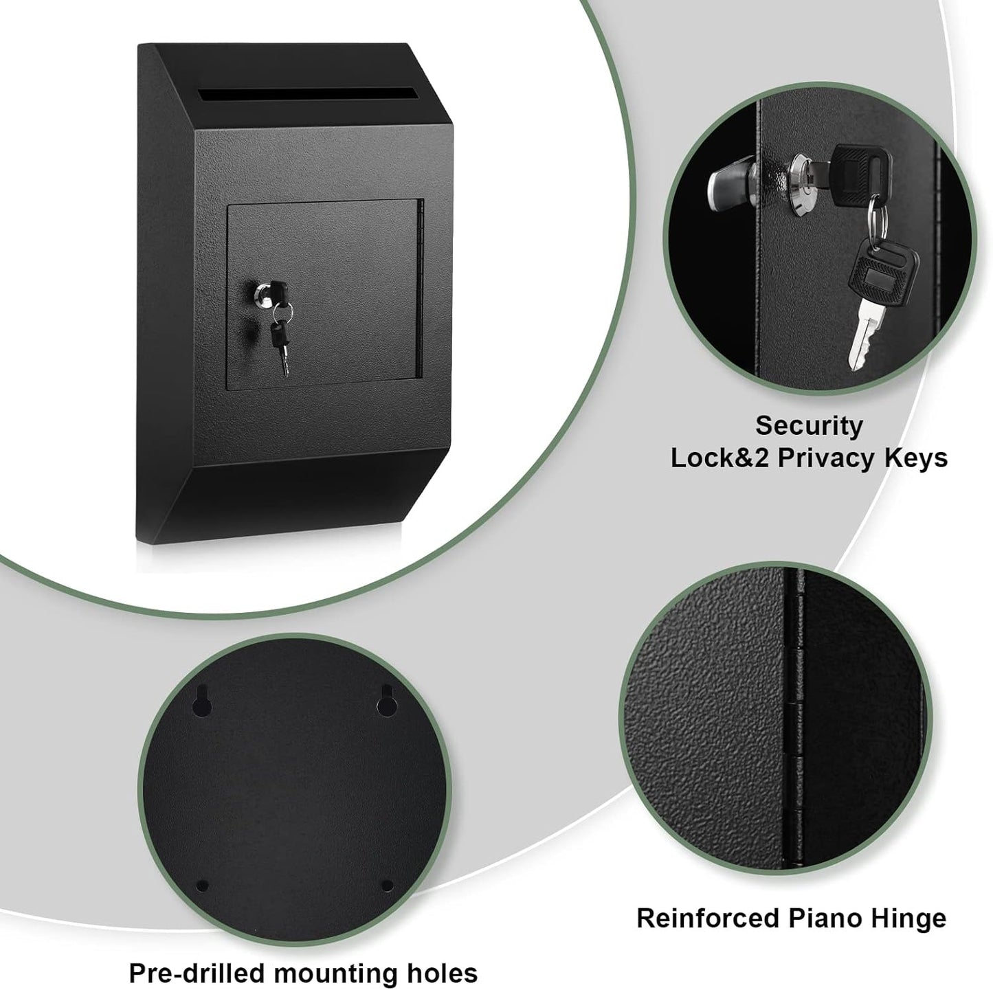 xydled Wall-Mount Mailbox,Heavy Duty Deposit Drop Box Suggestion Box, Locking Metal Key Drop Box with Key Lock, Cash Money Drop Box Safe Storage Box Postbox for Home&Business Use,16.3’’x10’’x4’’,Black