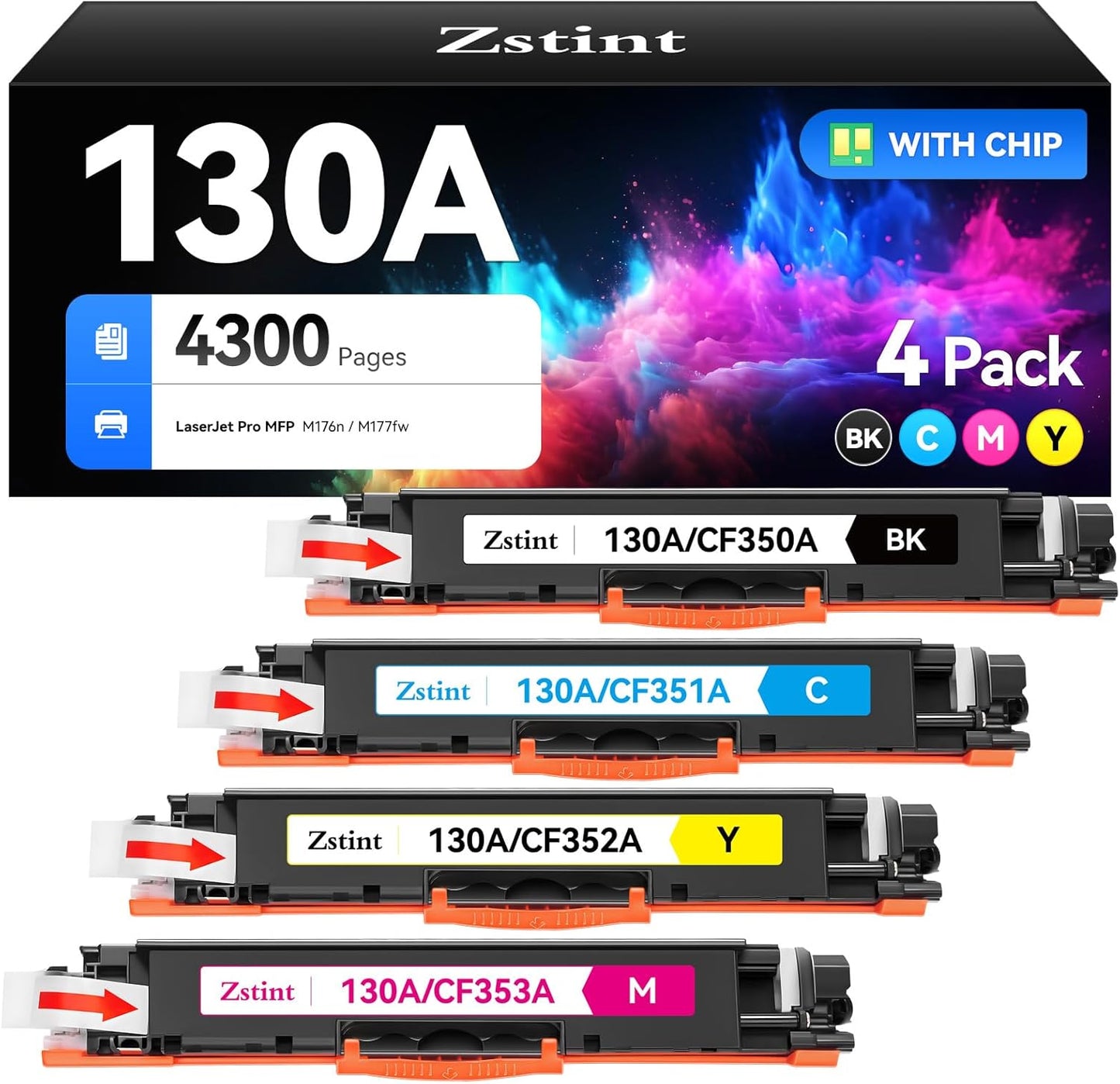 130A Toner Cartridge Set（4-Pack Black Cyan Yellow Magenta） High Yield Replacement for HP 130A CF350A CF351A CF352A CF353A Compatible with HP Color Laserjet Pro MFP M176n M177fw Printer Ink M176 M177